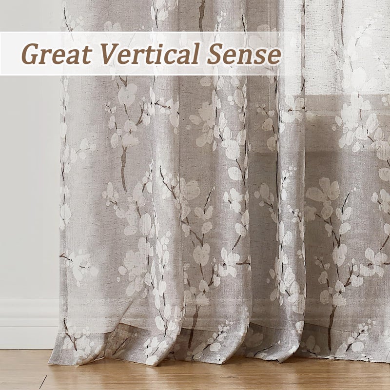 Fmfunctex Linen Sheer Curtains for Bedroom, Tan White Blossom Print Curtains 63 Inch Length for Living Room, Taupe Floral Patterned Farmhouse Curtain Light Filtering Window Drapes 2 Panels, Rod Pocket - Image 5